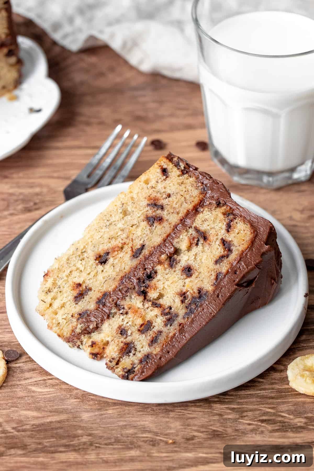 Moist Banana Chocolate Chip Cake Recipe for Chocolate Lovers 2 Slice of banana chocolate chip cake with glass of milk