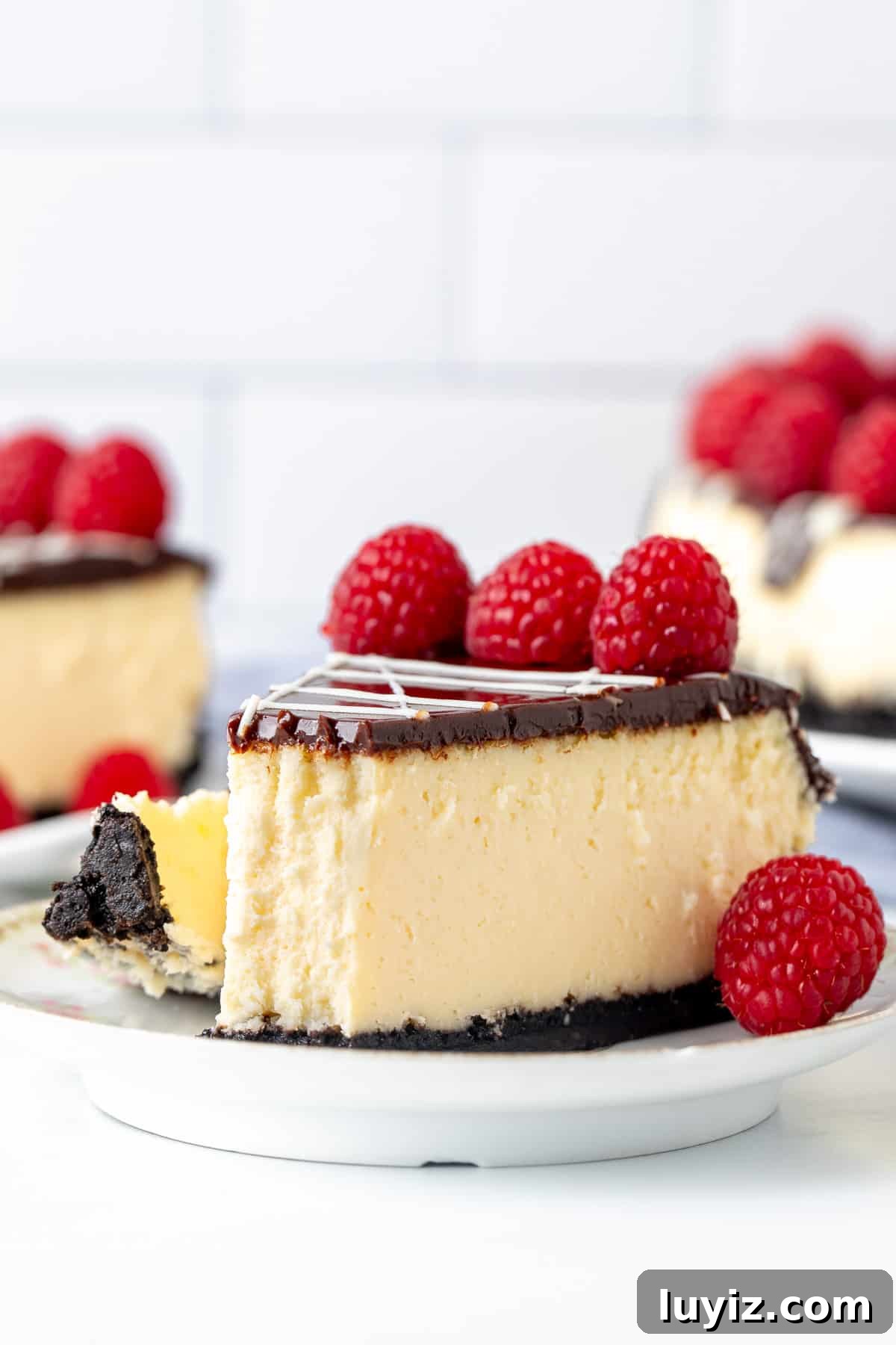 Creamy White Chocolate Cheesecake Recipe for Dessert Lovers 11 Slice of white chocolate raspberry cheesecake with bite taken out