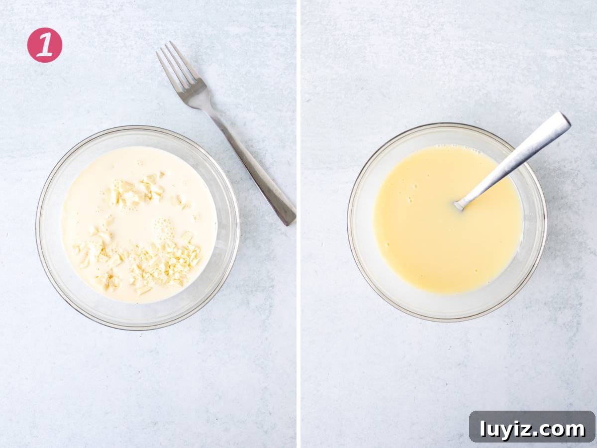 Creamy White Chocolate Cheesecake Recipe for Dessert Lovers 6 Bowl of chopped white chocolate and warm cream, and bowl of melted white chocolate and warm cream