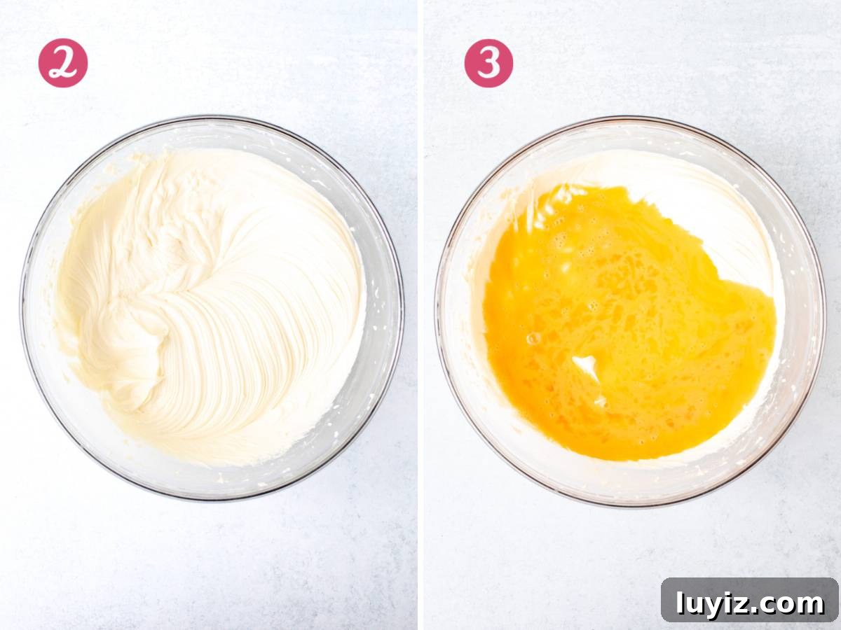 Creamy White Chocolate Cheesecake Recipe for Dessert Lovers 7 Bowl of cream cheese and sugar beaten together, and bowl of mixture with whisked eggs added in.