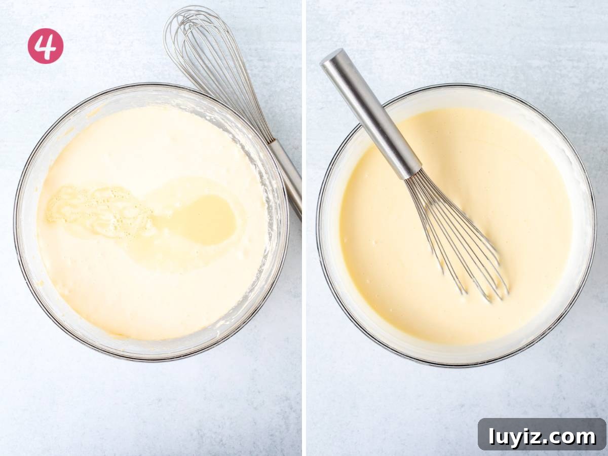 Creamy White Chocolate Cheesecake Recipe for Dessert Lovers 8 Bowl of cheesecake batter with white chocolate and cream mixture added in, and bowl of white chocolate cheesecake batter