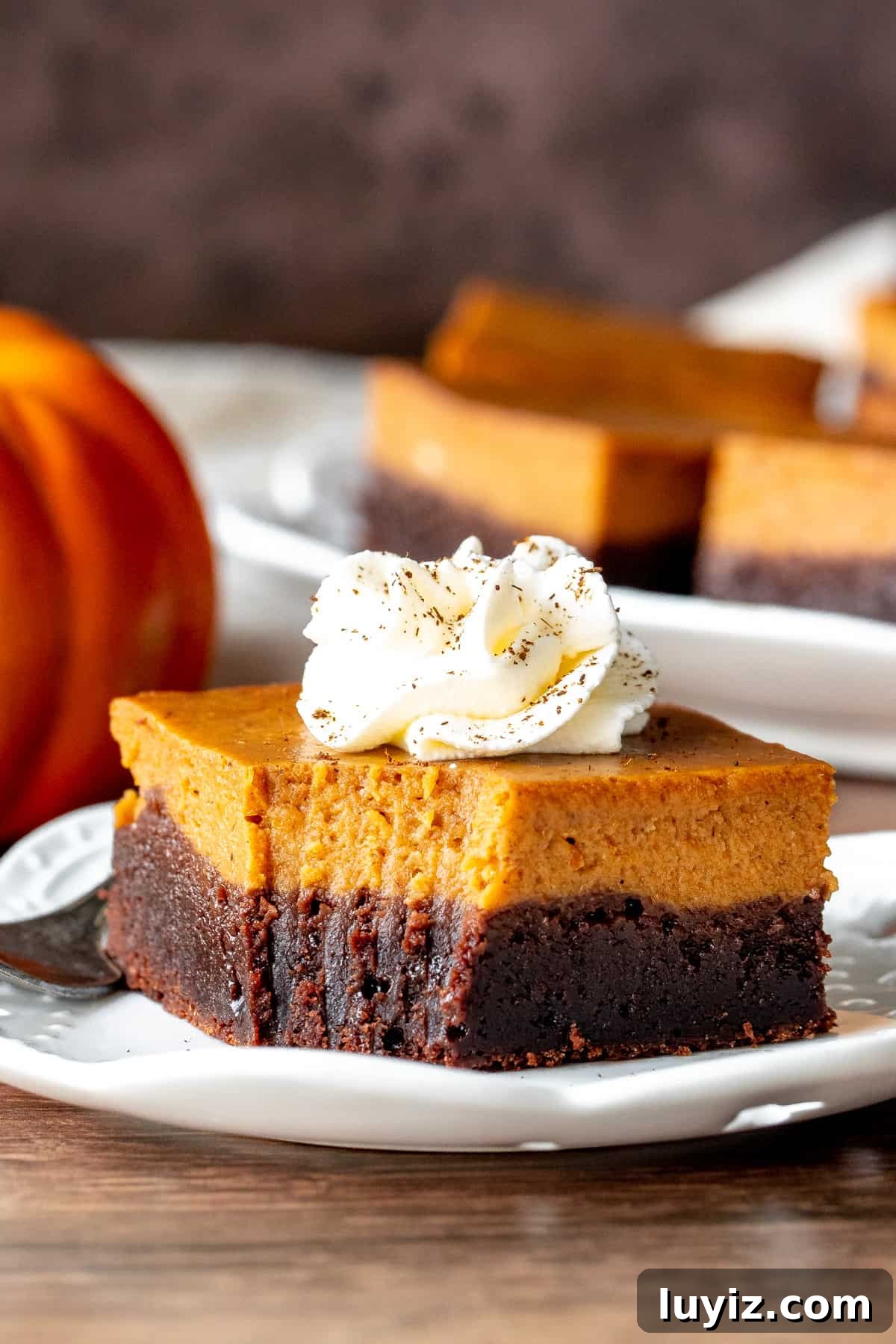 Fudgy Pumpkin Brownies with a Pumpkin Pie Layer 5 Layered pumpkin pie brownie with whipped cream on top on a plate