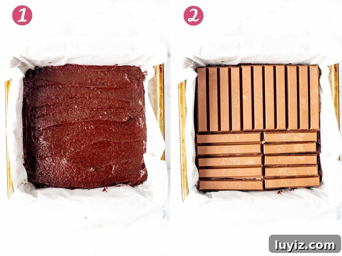 Decadent Kit Kat Chocolate Brownies Recipe 5 Pan of brownie batter and pan of brownie batter with Kit Kats on top