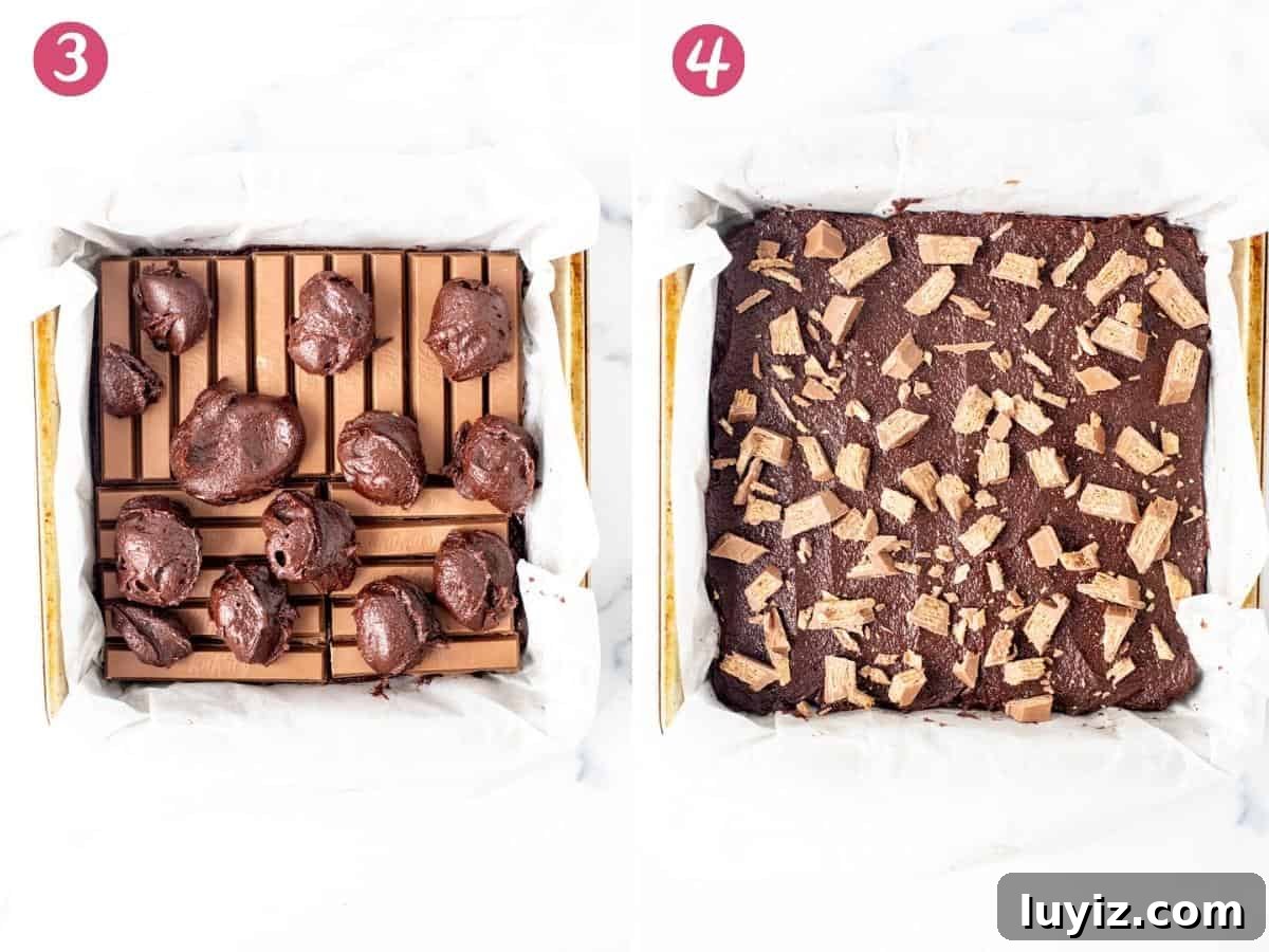 Decadent Kit Kat Chocolate Brownies Recipe 6 2 photos showing how to assemble Kit Kat brownies