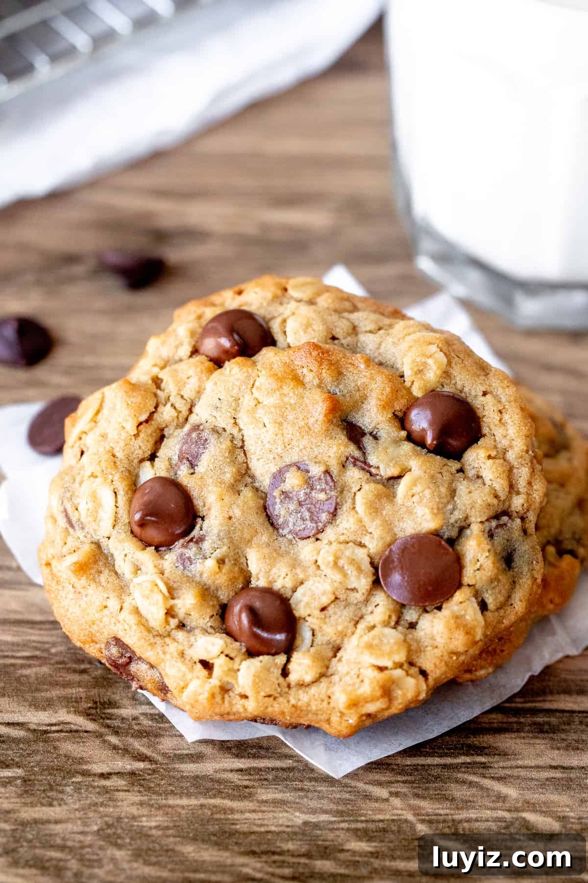 Peanut Butter Oatmeal Chocolate Chip Cookies Recipe You’ll Love 5 Peanut butter oatmeal cookie with chocolate chips with a glass of milk