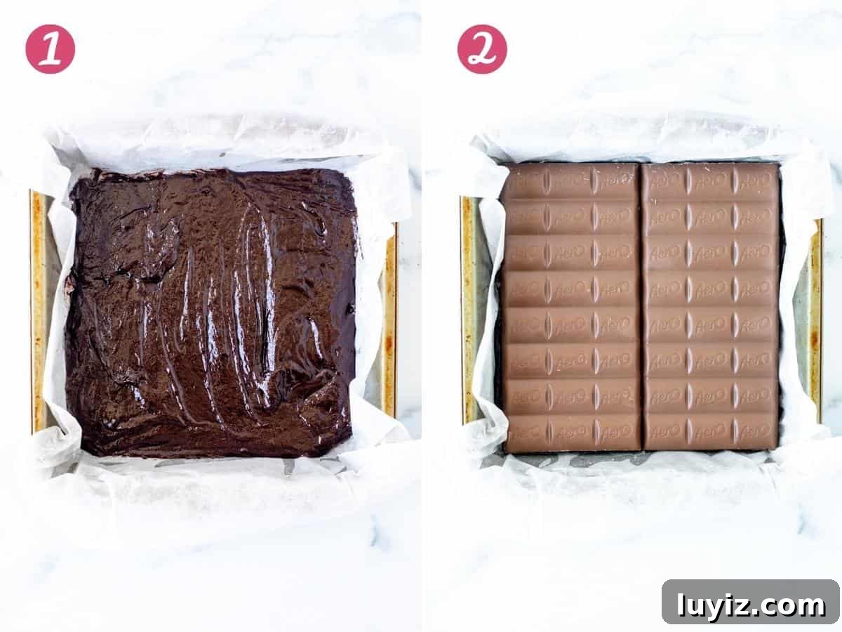 Mint Aero Chocolate Brownies Recipe — Fudgy Mint Cocoa Squares 4 Pan of brownie batter and pan of brownie batter with Mint Aeros on top