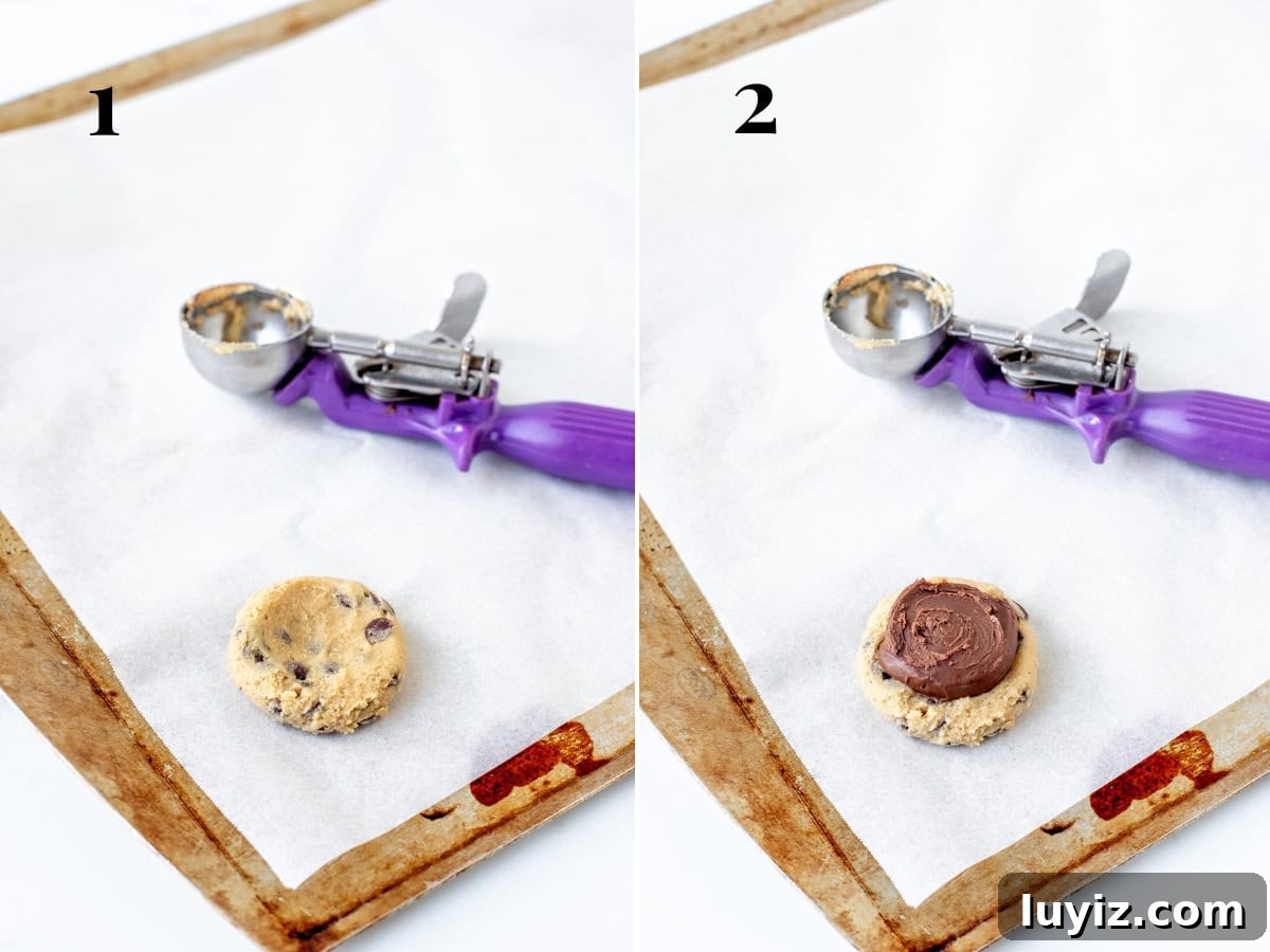 Decadent Nutella-Filled Chocolate Chip Cookies 4 Spoonful of cookie dough, and spoonful of cookie dough with Nutella on top