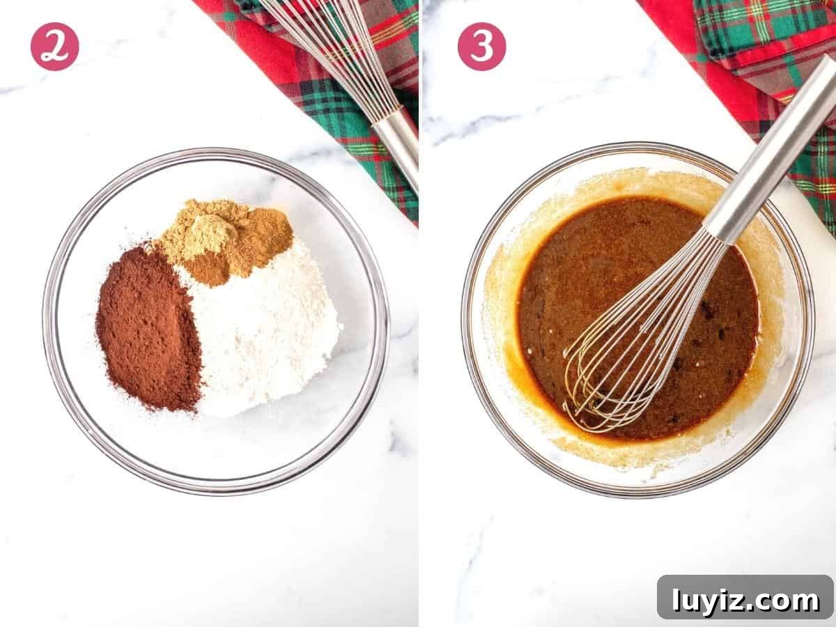 Gingerbread Brownies Recipe: Fudgy Spiced Chocolate Treat 4 Bowl of dry ingredients and bowl of molasses whisked together with sugar and eggs.