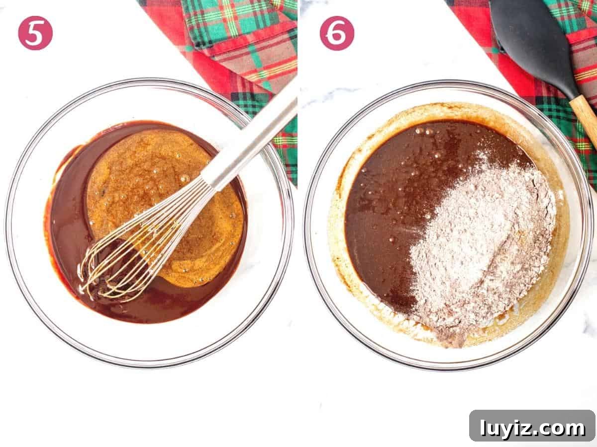 Gingerbread Brownies Recipe: Fudgy Spiced Chocolate Treat 6 Bowl of melted chocolate w/ molasses mixture added in, and bowl of brownie batter with dry ingredients added in