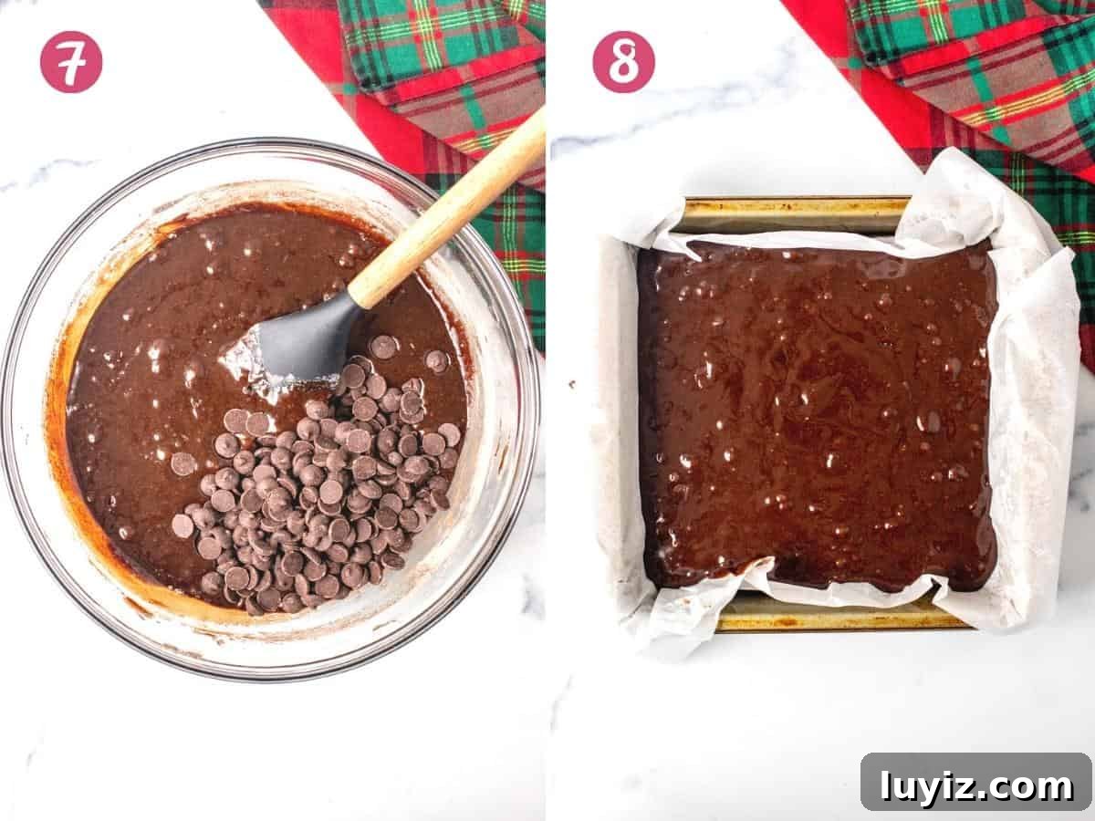 Gingerbread Brownies Recipe: Fudgy Spiced Chocolate Treat 7 Bowl of brownie batter with chocolate chips and pan of unbaked brownies