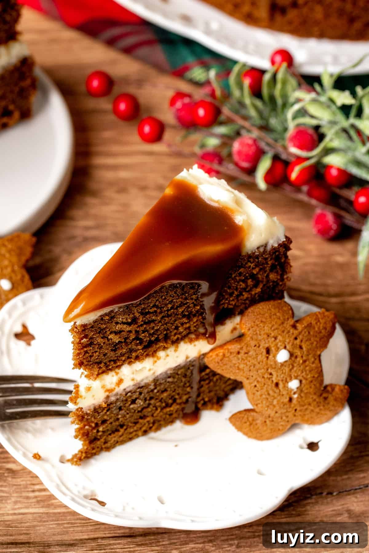 Gingerbread Cake with Cream Cheese Frosting Recipe 2 Slice of gingerbread cake with cream cheese frosting and butterscotch sauce