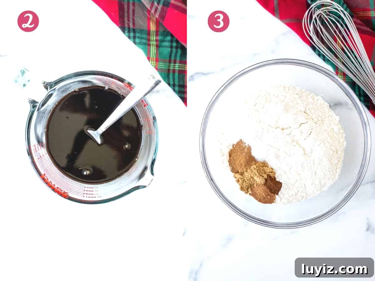 Gingerbread Cake with Cream Cheese Frosting Recipe 3 Liquid measuring cup of molasses and water, and bowl of dry ingredients