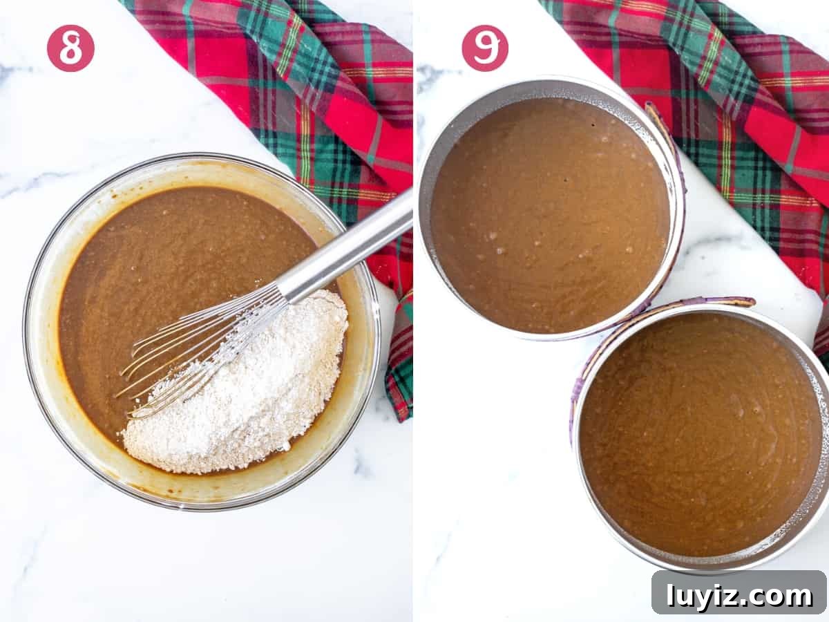 Gingerbread Cake with Cream Cheese Frosting Recipe 6 Bowl of batter with dry ingredients and 2 cake pans with gingerbread cake batter.