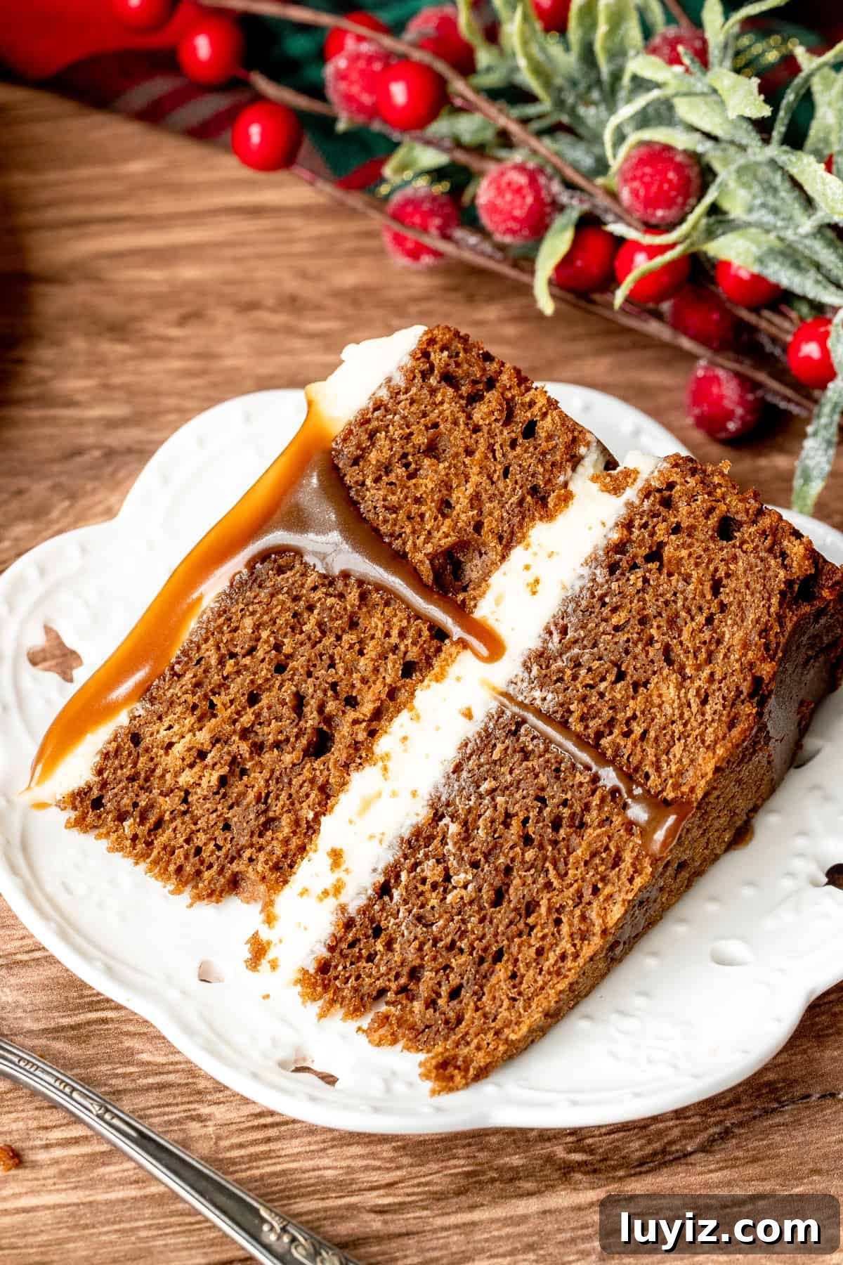 Gingerbread Cake with Cream Cheese Frosting Recipe 9 Slice of 2 layer gingerbread Christmas cake with cream cheese frosting and butterscotch topping