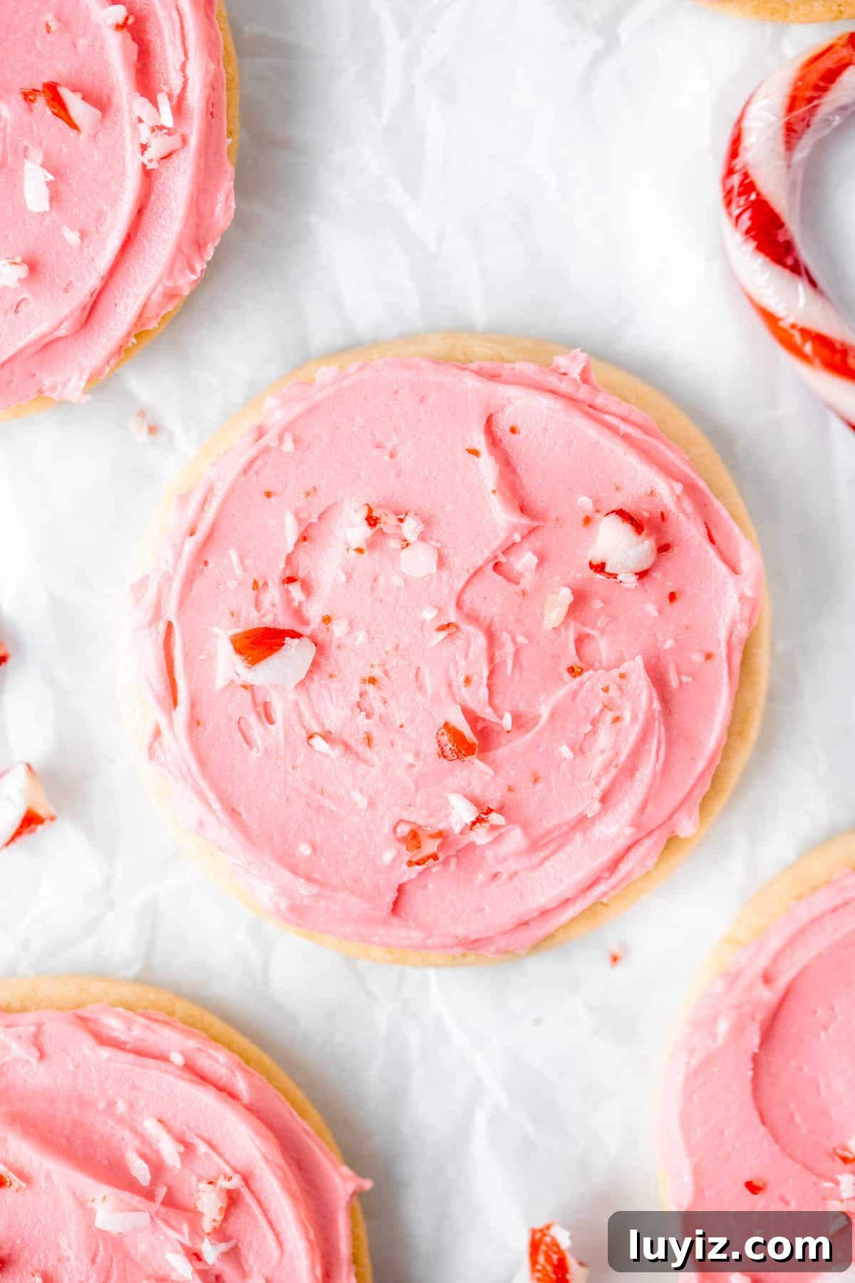 Peppermint Sugar Cookie Recipe: Crisp, Minty Holiday Cookies 3 Frosted sugar cookies topped with crushed candy canes on baking paper