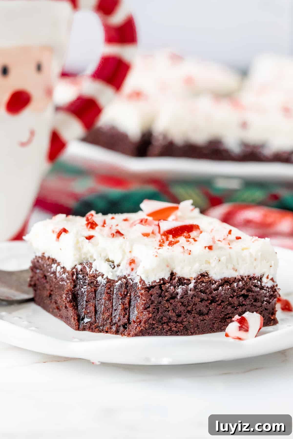 Peppermint Bark Brownies Recipe: Chocolate Brownies with Candy Cane Crust 2 Peppermint bark brownie with Santa mug