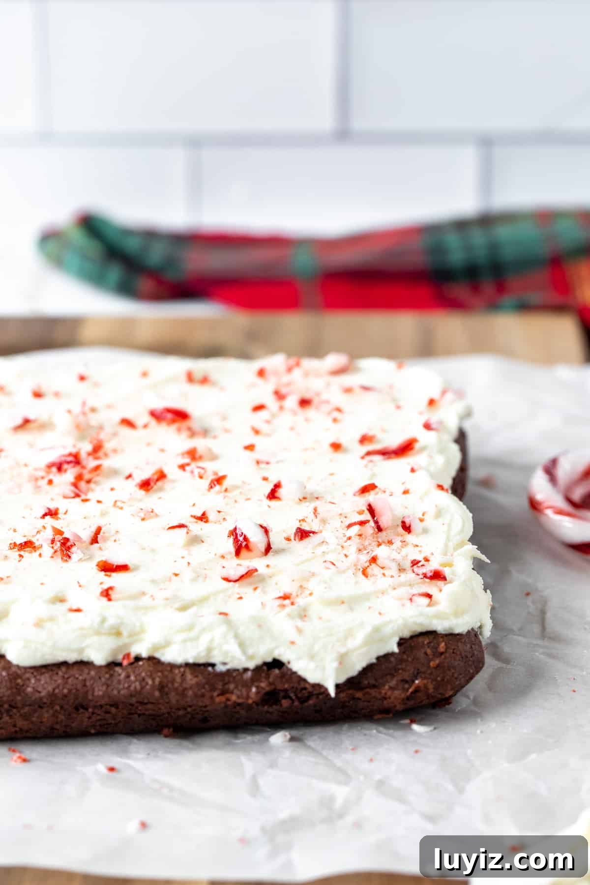 Peppermint Bark Brownies Recipe: Chocolate Brownies with Candy Cane Crust 3 Slab of peppermint bark brownies on a cutting board.