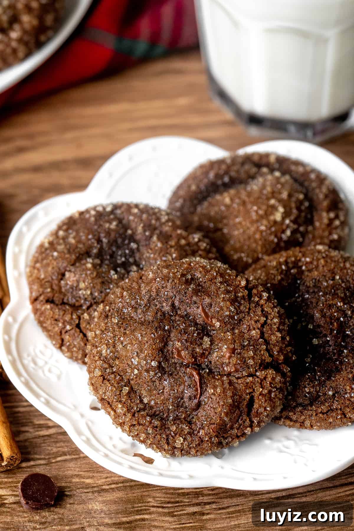 Chocolate Gingerbread Cookies Recipe with Rich Cocoa and Spices 5 Plate of chocolate gingerbread cookies with glass of milk
