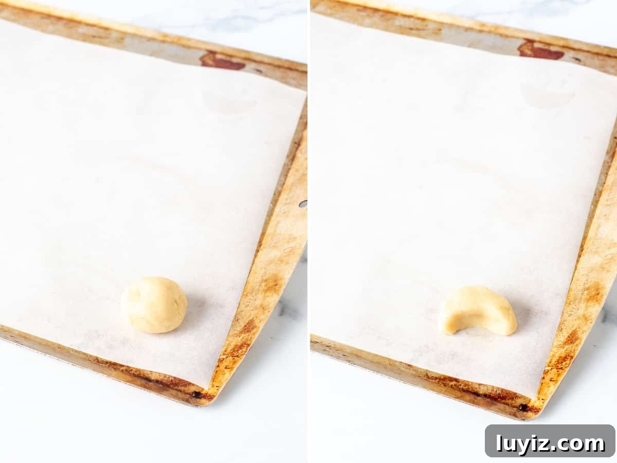 Buttery Almond Crescent Cookies: Classic Crescent Cookie Recipe 5 Cookie dough ball and crescent shaped cookie on a lined cookie sheet.