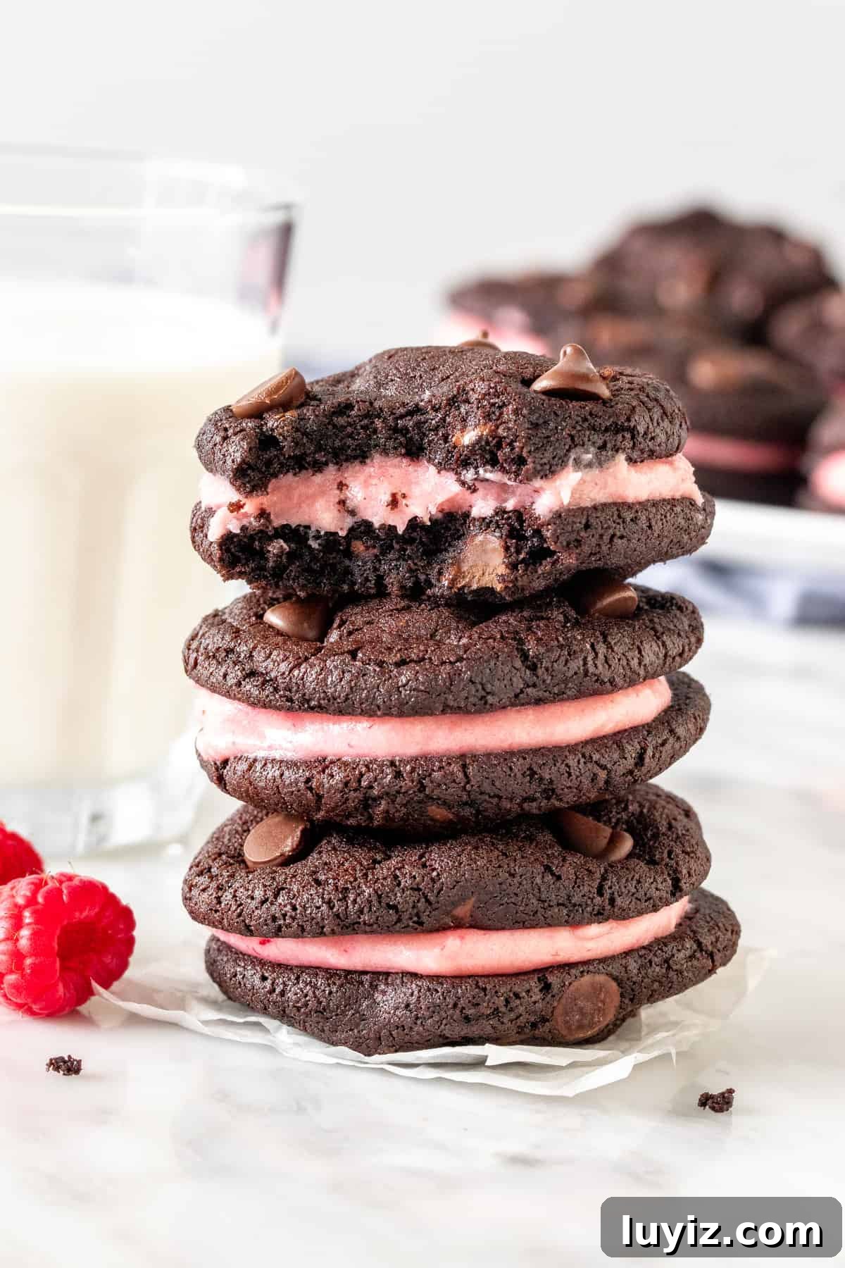Chocolate Raspberry Sandwich Cookies Recipe | Decadent Filled Cookies 4 Stack of 3 chocolate cookies with raspberry frosting.