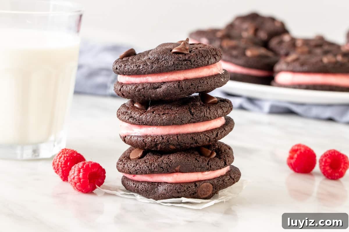 Chocolate Raspberry Sandwich Cookies Recipe | Decadent Filled Cookies 5 Stack of 3 chocolate raspberry sandwich cookies