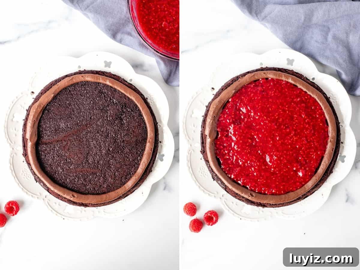 Decadent Chocolate Raspberry Layer Cake Recipe 4 2 photos of chocolate cake layer with raspberry filling