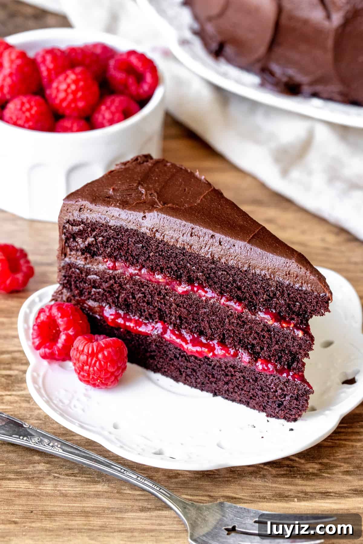 Decadent Chocolate Raspberry Layer Cake Recipe 5 Piece of chocolate layer cake with raspberry filling