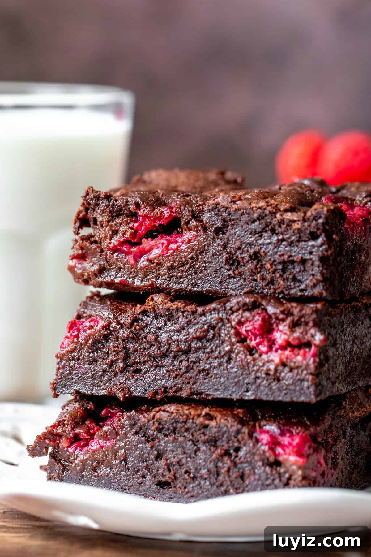 Decadent Raspberry Swirl Brownies: Fudgy Chocolate Raspberry Bars 2 Stack of three raspberry brownies