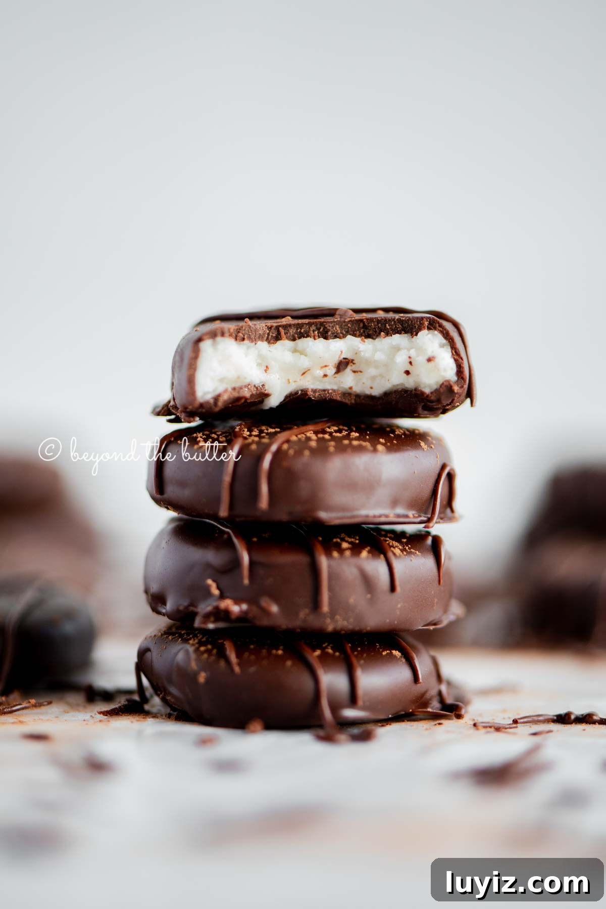 How to Make Classic Homemade Peppermint Patties at Home 9 Stack of 4 peppermint patties surrounded by more peppermint patties with white background.