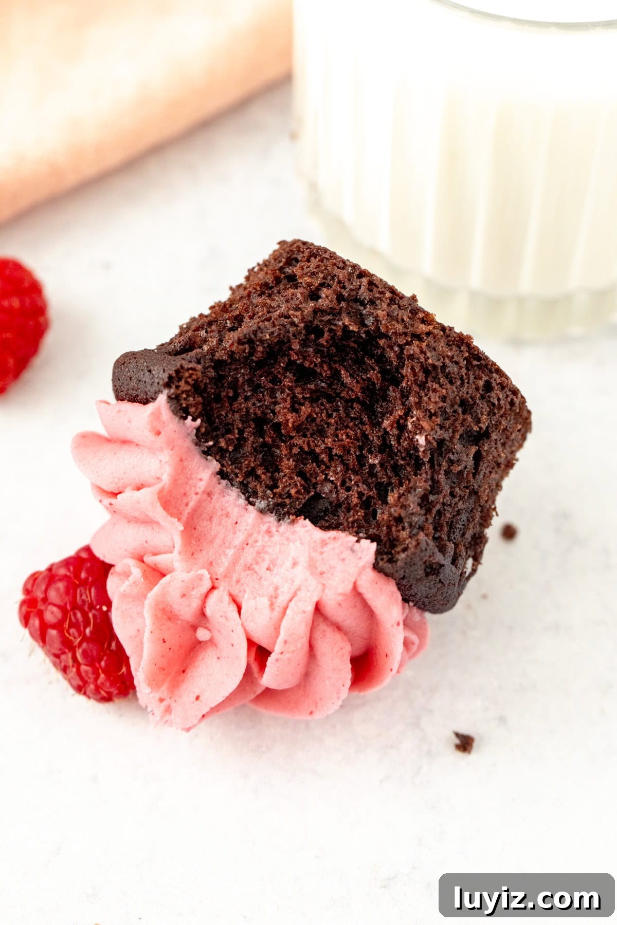 Decadent Chocolate Raspberry Cupcakes with Raspberry Filling 7 chocolate raspberry cupcake with a bite taken out