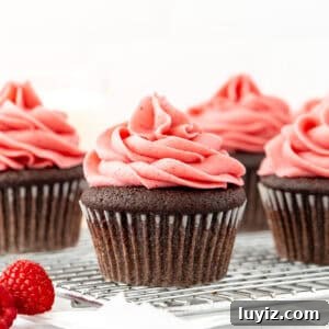 Decadent Chocolate Raspberry Cupcakes with Raspberry Filling 8 chocolate raspberry cupcakes on cooling rack