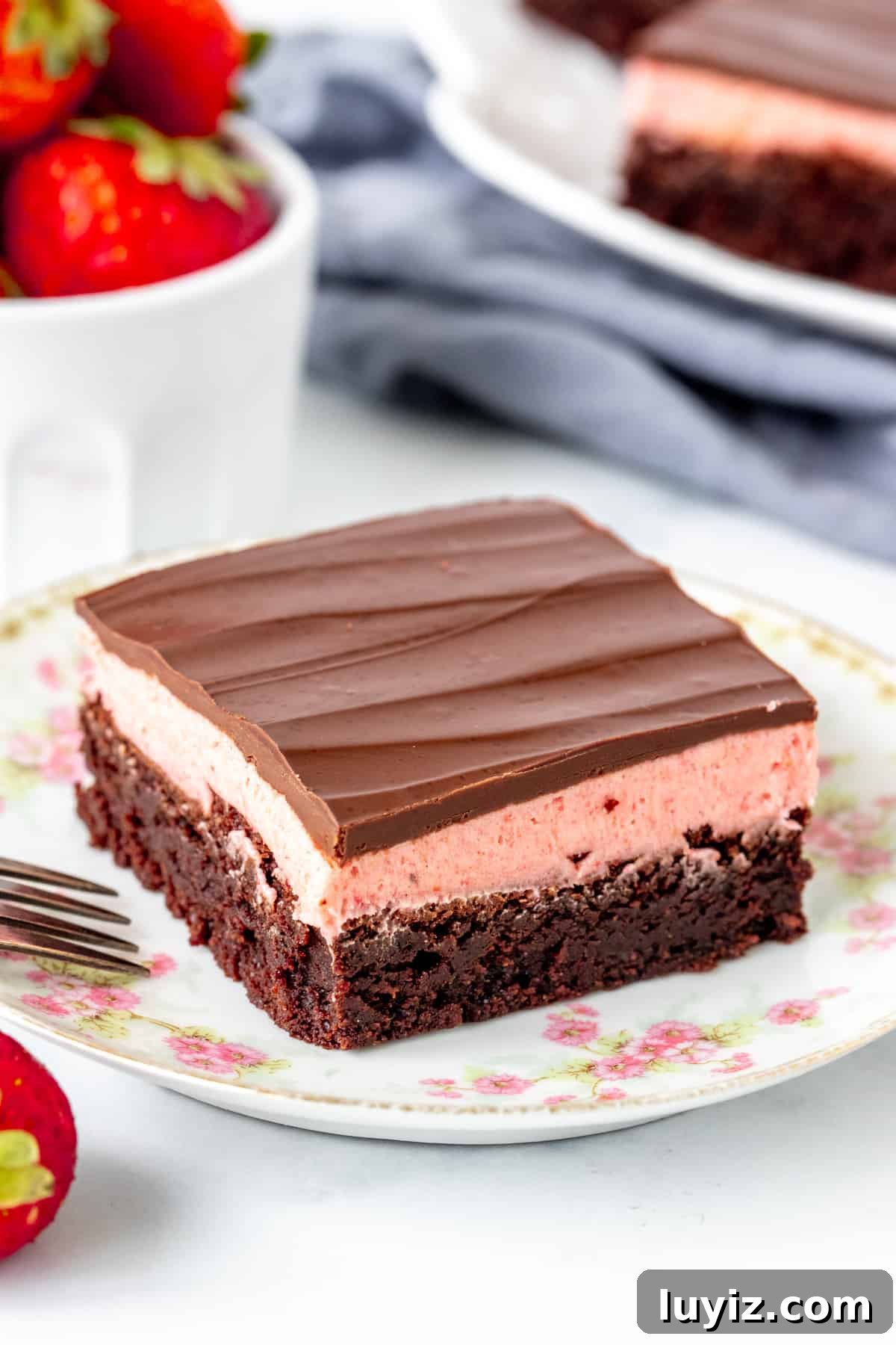 Strawberry Truffle Brownies Recipe — Decadent Chocolate-Strawberry Treat 3 Strawberry brownie with a layer of strawberry frosting and chocolate on top
