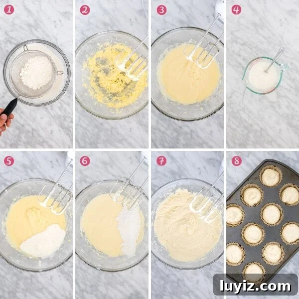 Classic Vanilla Cupcakes with Smooth Vanilla Buttercream Frosting 4 8 step-by-step photos of making vanilla cupcake batter.