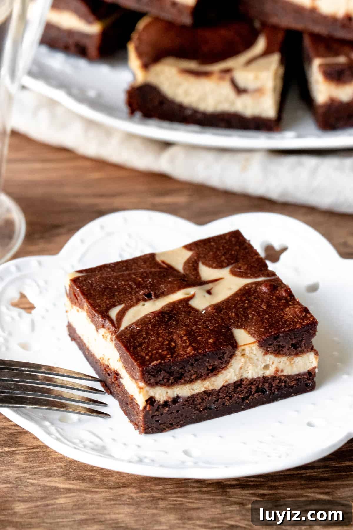 Mocha Cheesecake Brownies Recipe — Rich Coffee Chocolate Swirls 3 Coffee cheesecake swirled brownie on a plate