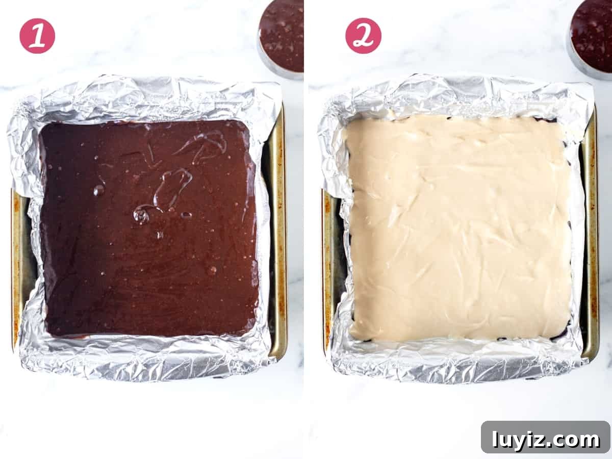 Mocha Cheesecake Brownies Recipe — Rich Coffee Chocolate Swirls 4 Pan of brownie batter and pan of coffee cheesecake layer on top