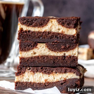 Mocha Cheesecake Brownies Recipe — Rich Coffee Chocolate Swirls 6 Three coffee cheesecake brownies, one on top of each other
