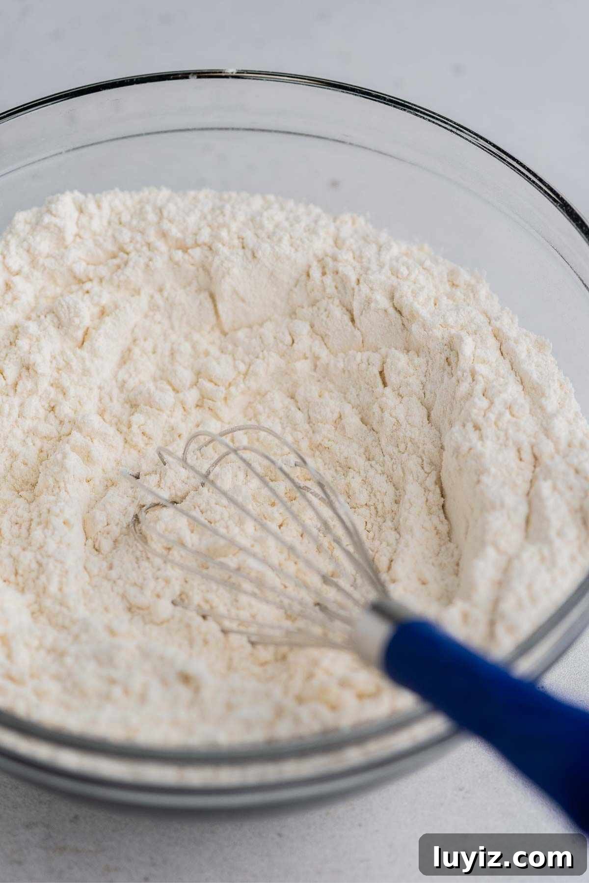 Lemon Poppy Seed Muffins with Zesty Glaze Recipe 4 Whisking lemon poppy seed muffin dry ingredients together in a large glass mixing bowl on a light grey background.