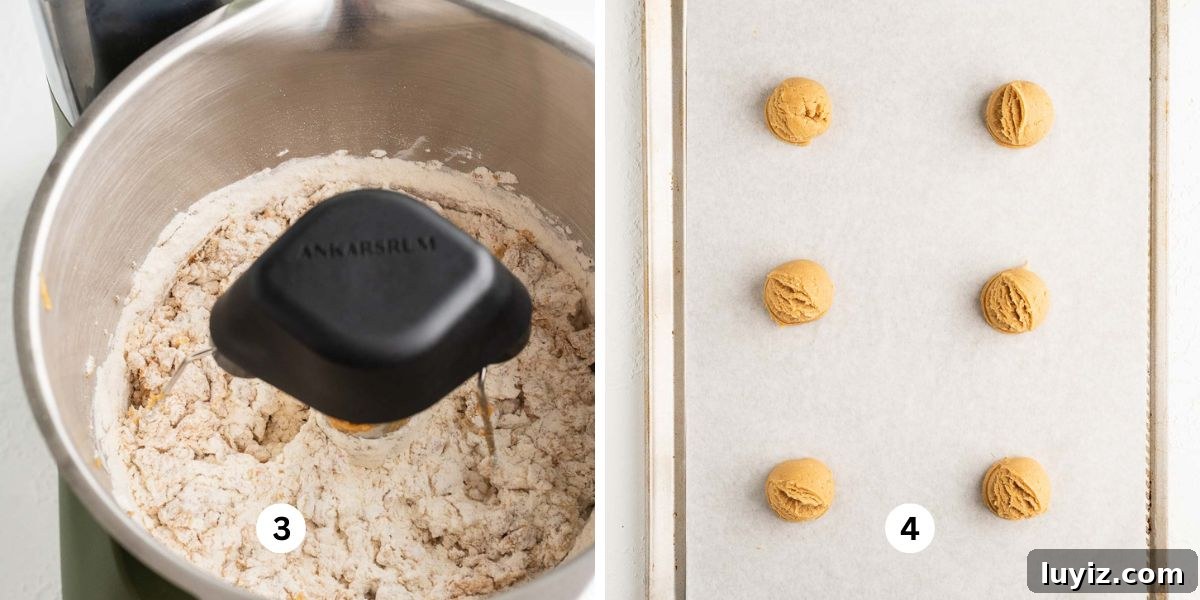 Fluffernutter Sandwich Cookies with Peanut Butter & Marshmallow Filling 6 Steps 3 and 4 showing how to make fluffernutter cookie dough.