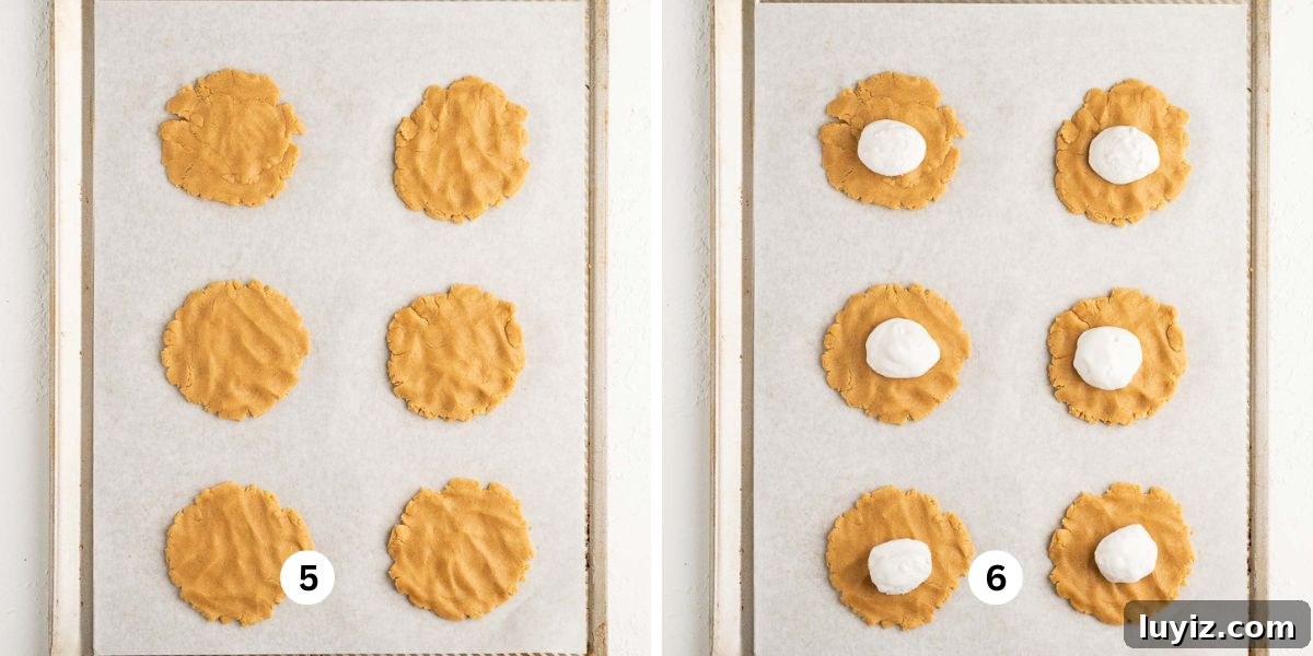 Fluffernutter Sandwich Cookies with Peanut Butter & Marshmallow Filling 7 Steps 5 and 6 showing how to shape the fluffernutter cookie dough into small discs and adding a scoop of marshmallow fluff to each center.