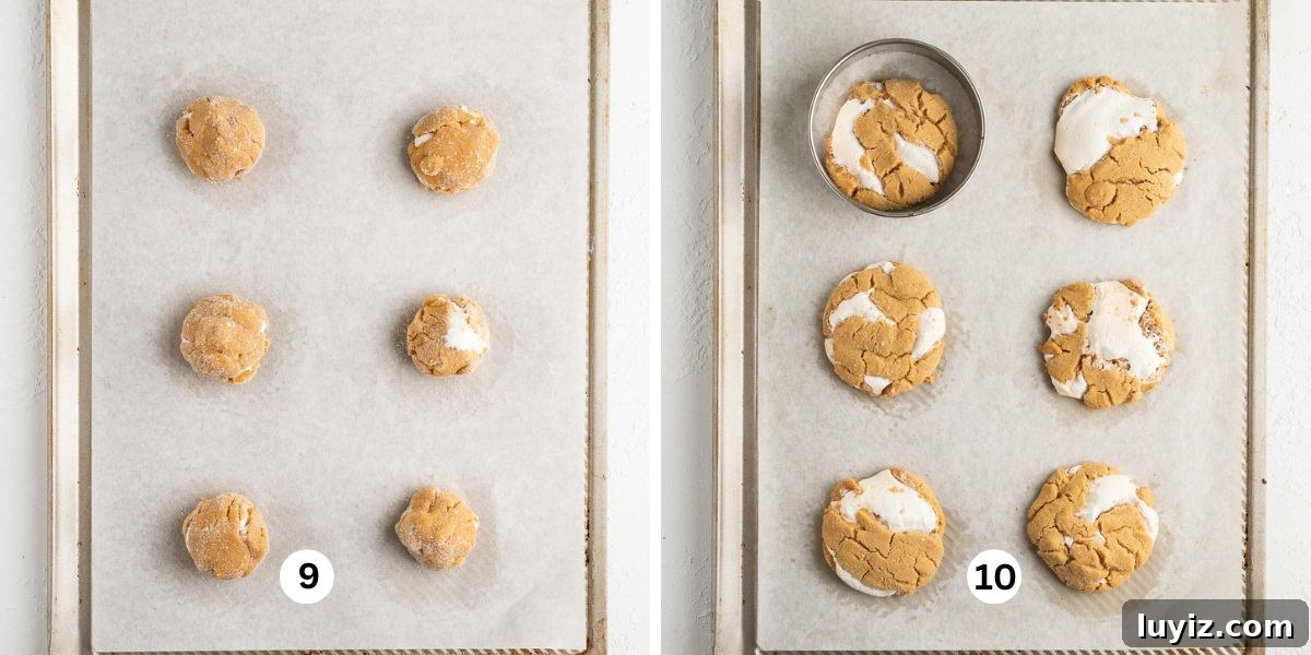 Fluffernutter Sandwich Cookies with Peanut Butter & Marshmallow Filling 10 Steps showing baking and reshaping peanut butter fluffernutter cookies after baking.