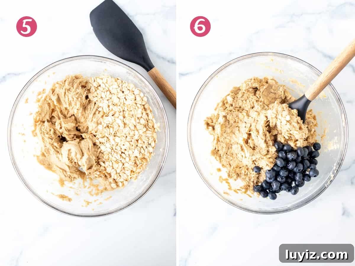 Chewy Blueberry Oatmeal Cookies Recipe for Breakfast & Snacks 6 Bowl of cookie dough with oats and bowl of oatmeal cookie dough with blueberries