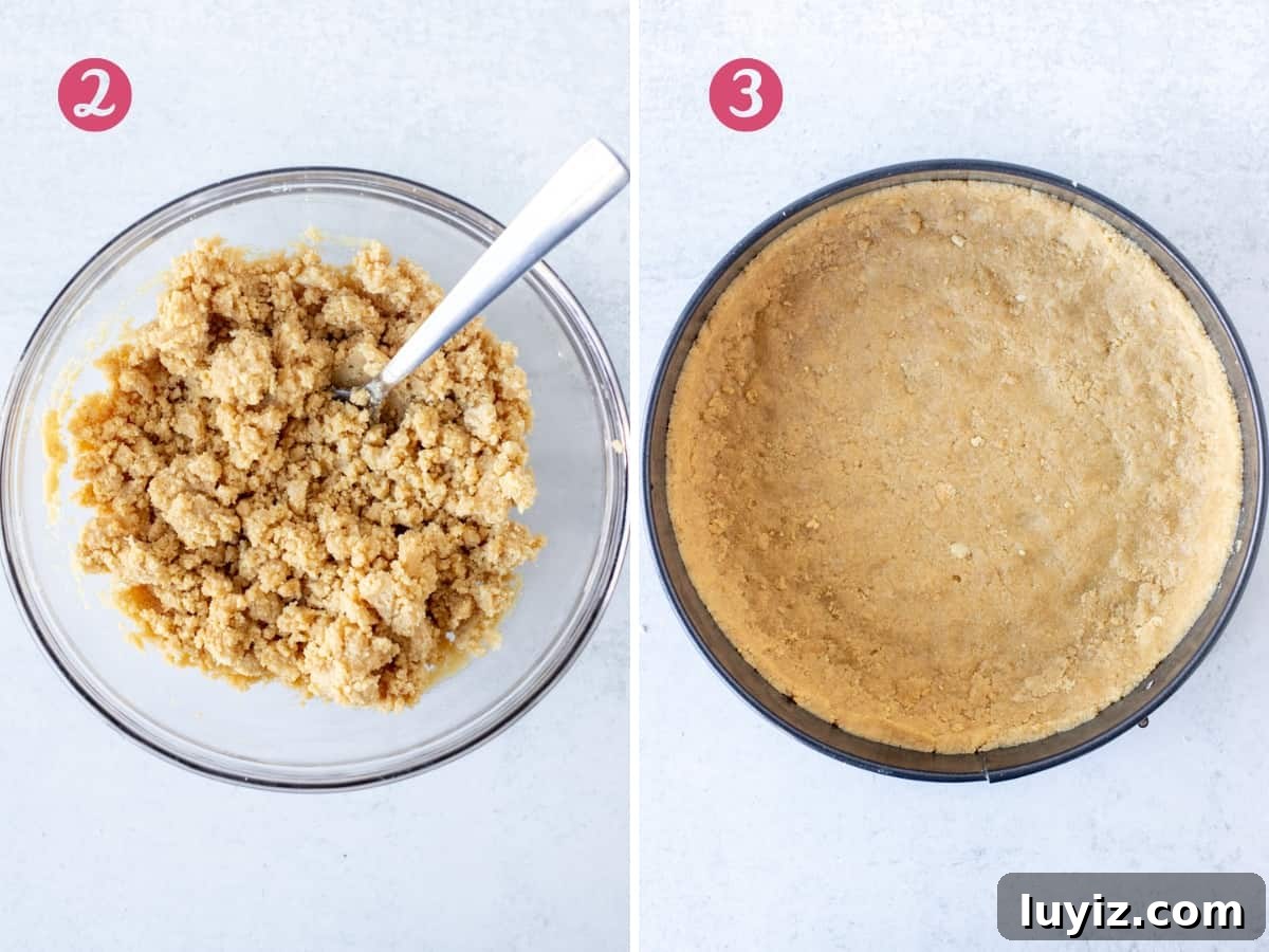 Golden Oreo Cheesecake Recipe: Creamy No-Bake Dessert Tutorial 3 Bowl of crushed Golden Oreos mixed with melted butter, and Golden Oreo crust in springform pan