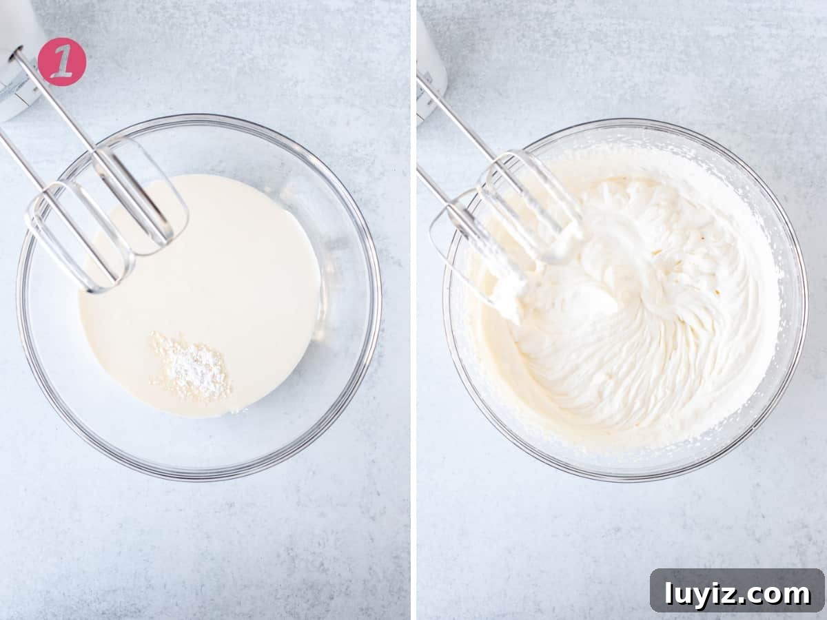 Golden Oreo Cheesecake Recipe: Creamy No-Bake Dessert Tutorial 4 Bowl of cream and 1 tablespoon powdered sugar, and bowl of whipped cream