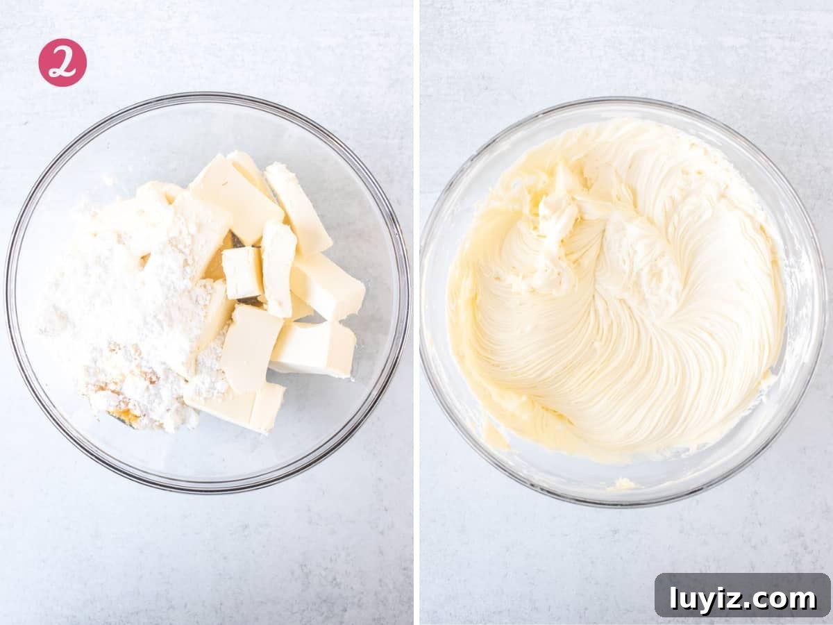Golden Oreo Cheesecake Recipe: Creamy No-Bake Dessert Tutorial 5 Bowl of cream cheese, powdered sugar and vanilla, and bowl of ingredients mixed together.