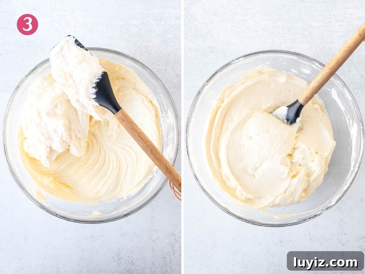 Golden Oreo Cheesecake Recipe: Creamy No-Bake Dessert Tutorial 6 Bowl of cream cheese mixture with whipped cream on top, bowl of no-bake cheesecake filling