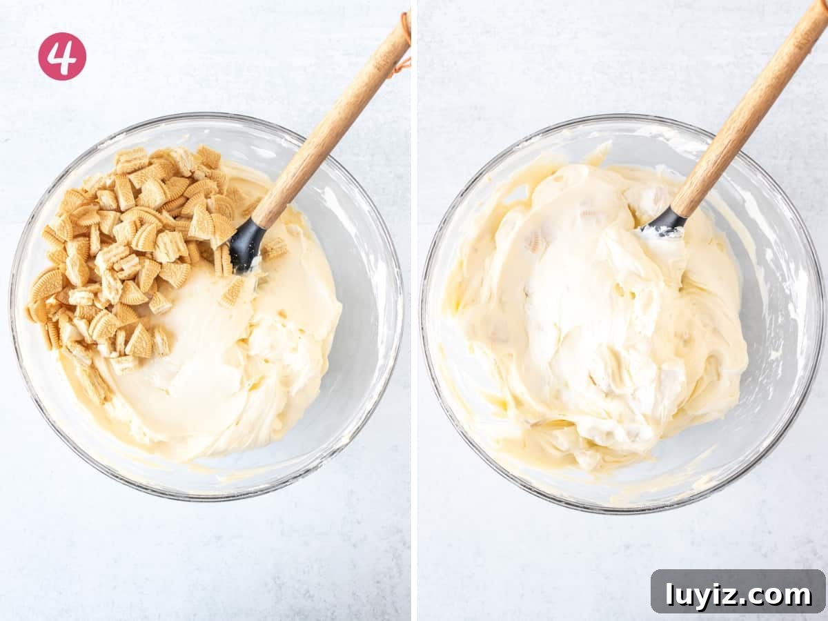Golden Oreo Cheesecake Recipe: Creamy No-Bake Dessert Tutorial 7 Bowl of no bake cheesecake filling with chopped golden Oreos, and bowl of Golden Oreo no bake cheesecake filling