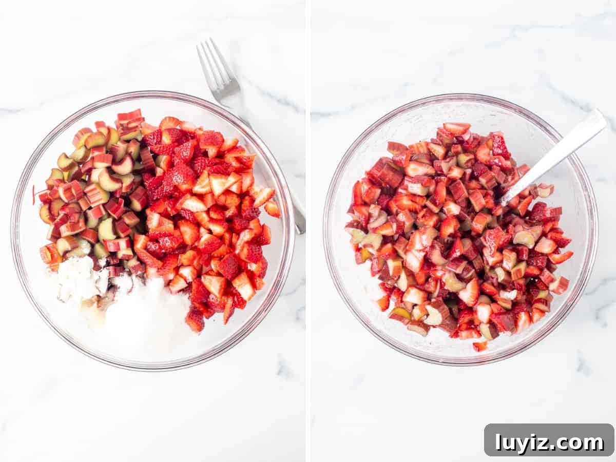 Strawberry Rhubarb Dessert Bars with Oat Crumble 3 Bowl of ingredients for strawberry rhubarb filling, and bowl of ingredients mixed together