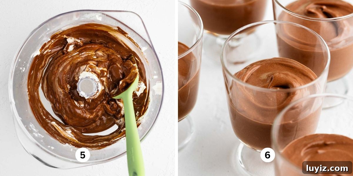 Blender Chocolate Mousse Recipe — Creamy No-Bake Dessert 6 Adding whipped cream to the chocolate mixture to make chocolate mousse and pouring it into goblets to set.