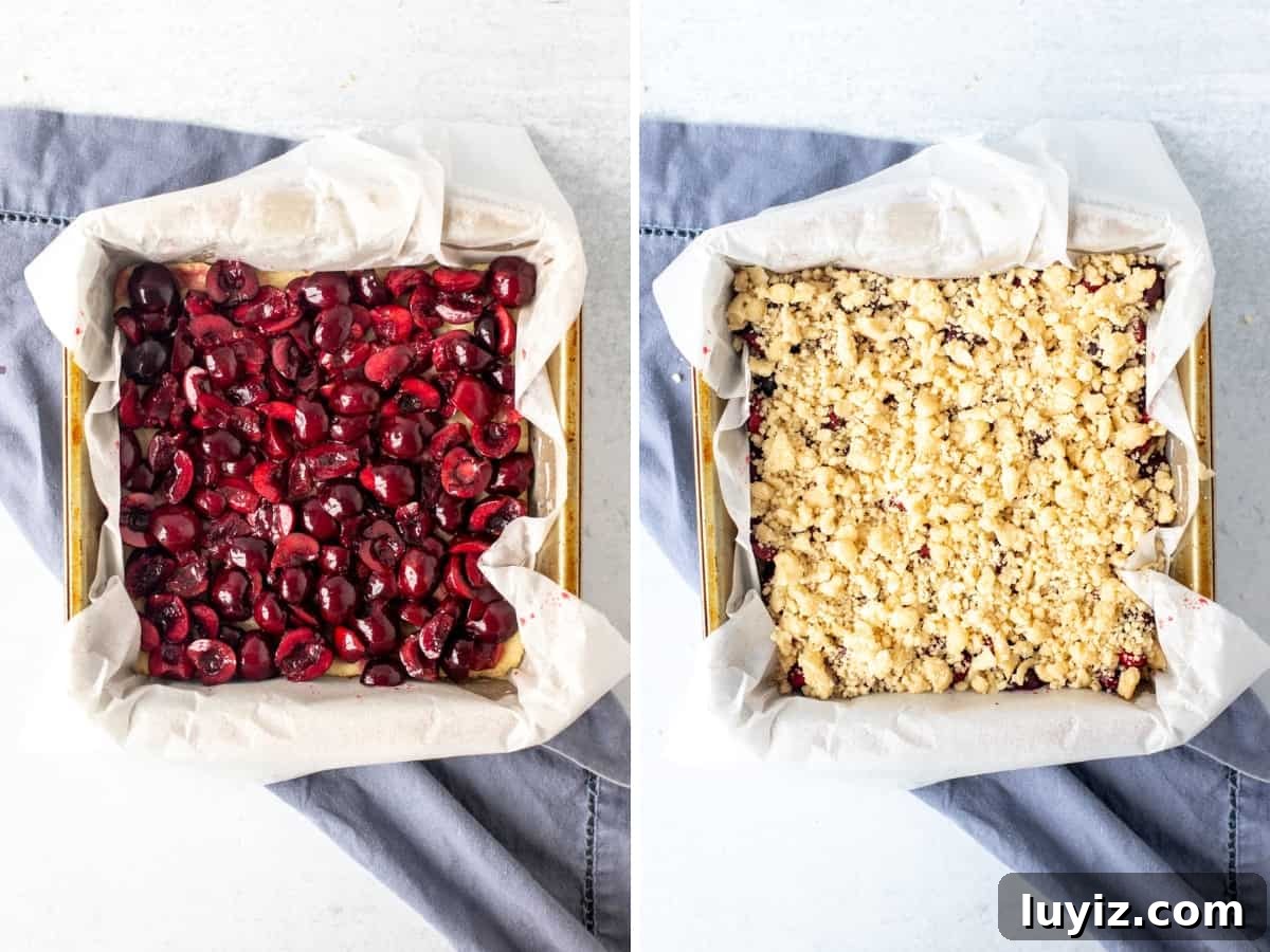 Chewy Cherry Crumb Bars Recipe with Golden Streusel 7 Pan of cherry crumb bars, after cherry layer is added and second photo of pan of unbaked cherry crumb bars