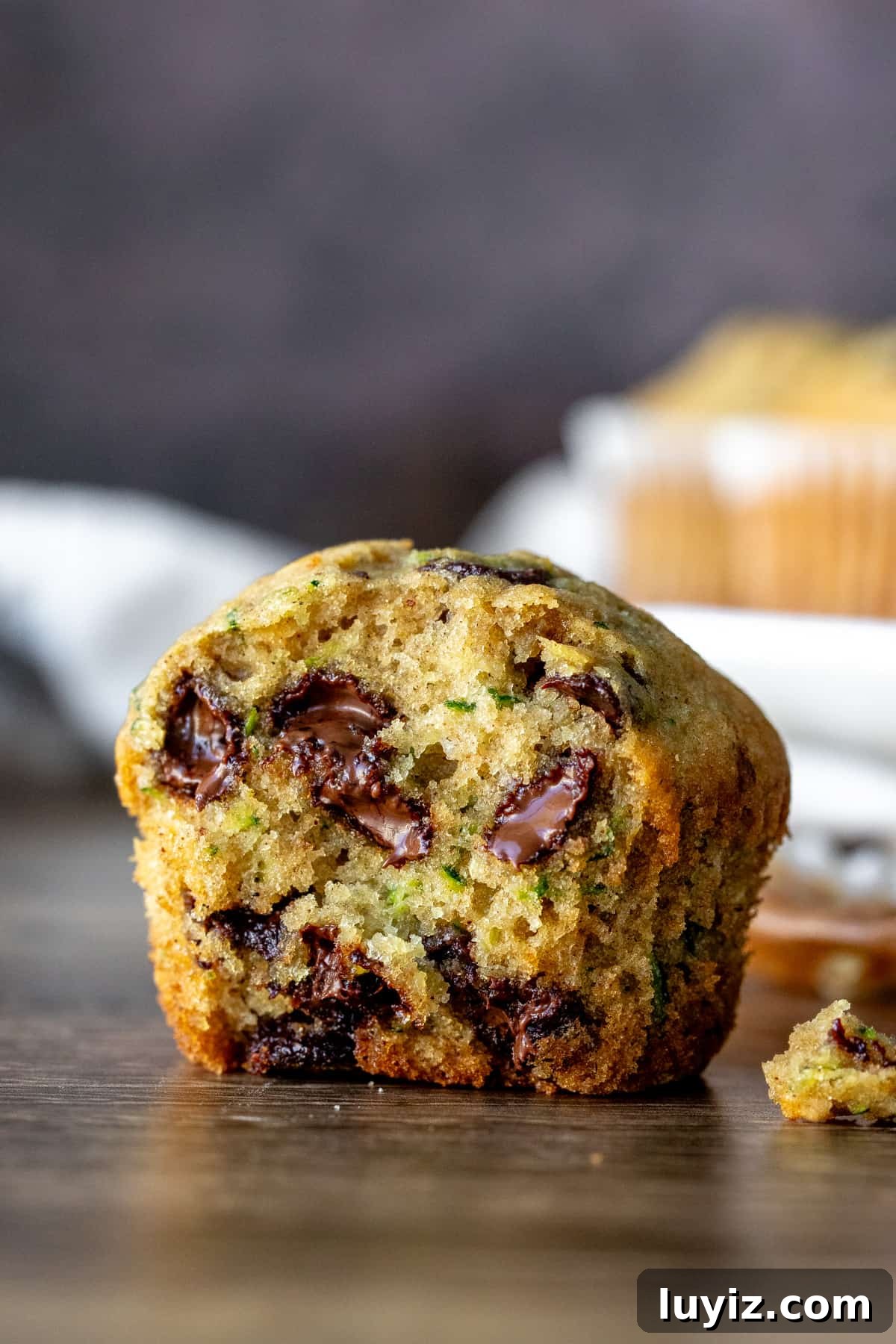 Moist Zucchini Chocolate Chip Muffins Recipe 2 Half of a zucchini chocolate chip muffin